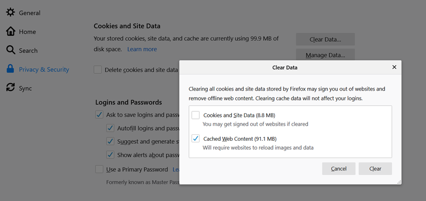 Firefox Clear Data dialog with Cookies and Site Data unchecked and Cached Web Content checked, above the Cancel and Clear buttons.