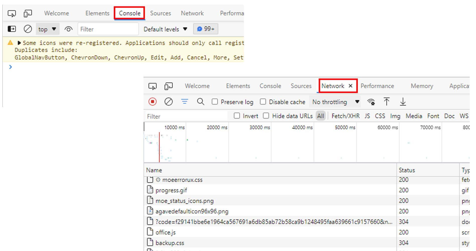 Microsoft Edge Console tab showing a warning about re-registered icons, next to the Network tab listing several requests including moeerrorux.css, progress.gif, and moe_status_icons.png.