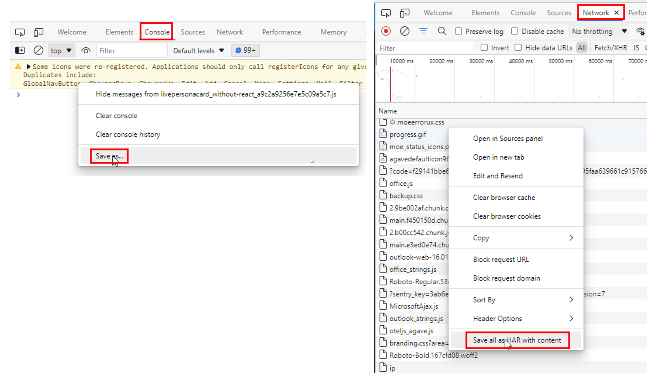 Microsoft Edge Console tab with its right-click context menu open and Save as highlighted, next to the Network tab with its context menu open and Save all as HAR with content highlighted.
