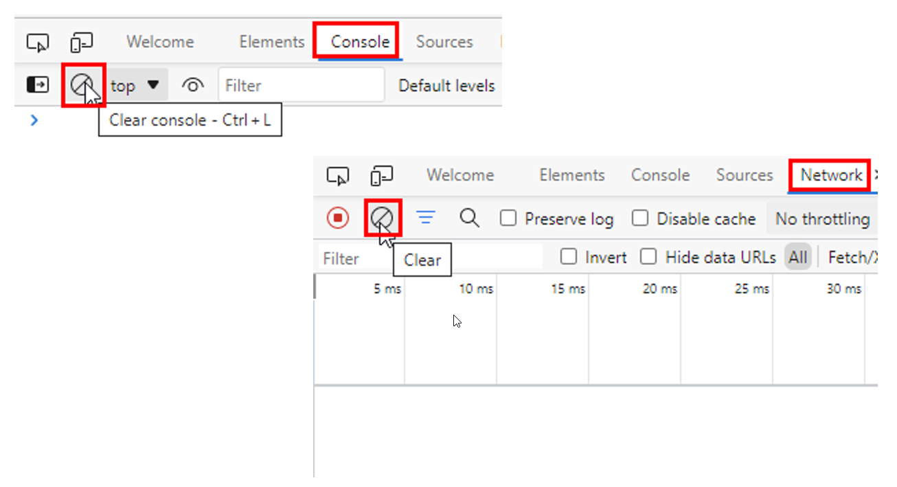 Microsoft Edge DevTools with the Console tab and its clear icon highlighted in one panel, and the Network tab with its clear icon highlighted in a second panel below.