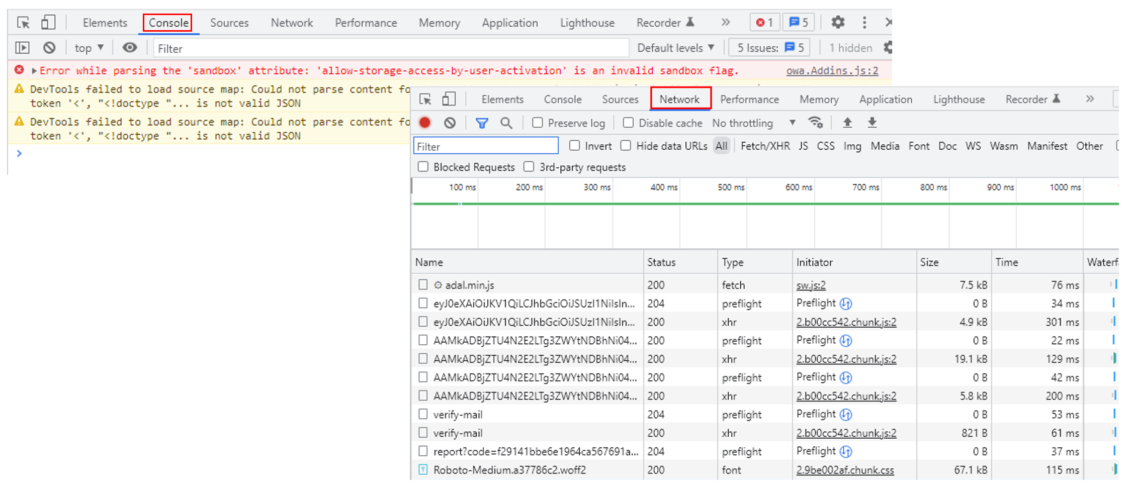 Chrome DevTools Console tab showing a red parsing error and two source map warnings, next to the Network tab listing several requests including adal.min.js and preflight and xhr calls.