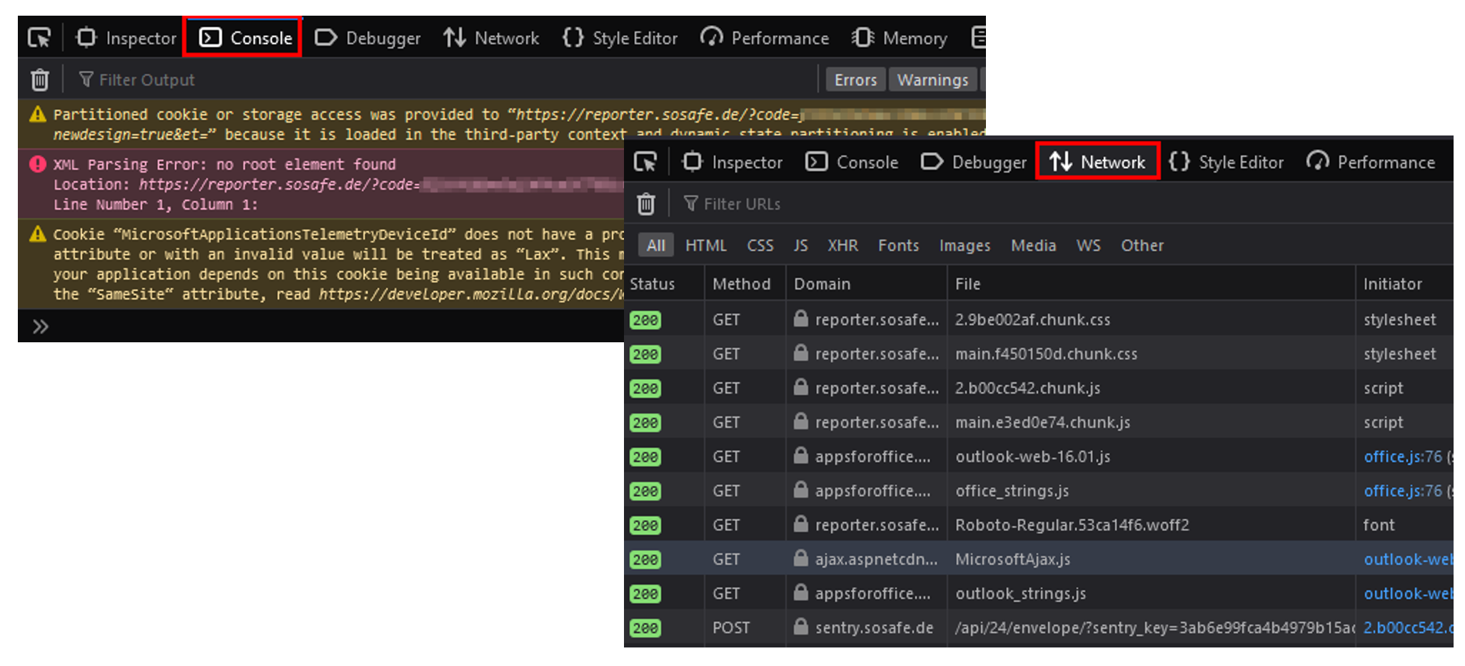 Firefox Console tab showing warnings about a partitioned cookie, an XML parsing error, and a cookie without a proper attribute, next to the Network tab listing requests to reporter.sosafe.de and appsforoffice domains.