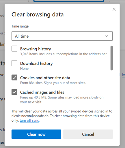 Choose what to clear dialog in Microsoft Edge with the time range set to All time, and the Cookies and other site data and Cached images and files checkboxes selected, above the Clear now button.