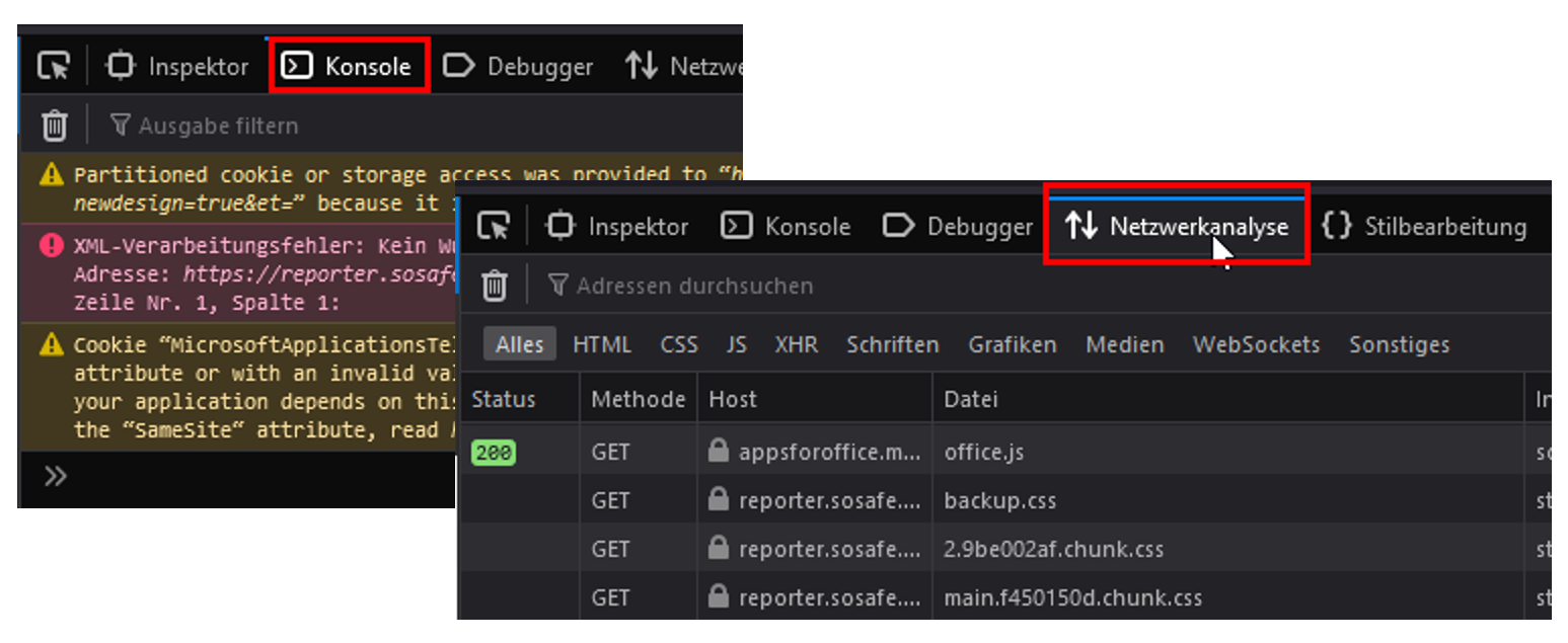 Firefox-Konsole mit Warnungen zu einem partitionierten Cookie, einem XML-Verarbeitungsfehler und einem Cookie ohne passendes Attribut, daneben der Reiter Netzwerkanalyse mit Anfragen an die Domains reporter.sosafe.de und appsforoffice.