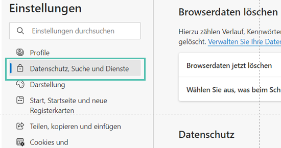 Edge-Einstellungen mit dem Menüpunkt Datenschutz, Suche und Dienste türkis markiert in der linken Navigation, rechts der Bereich Browserdaten löschen mit den Optionen Browserdaten jetzt löschen und Wählen Sie aus, was gelöscht werden soll.