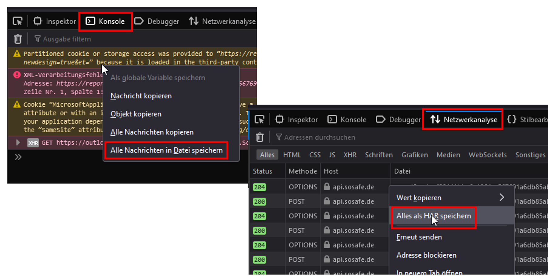 Firefox-Konsole mit geöffnetem Kontextmenü und markiertem Eintrag Alle Nachrichten in Datei speichern, daneben der Reiter Netzwerkanalyse mit geöffnetem Kontextmenü und markiertem Eintrag Alles als HAR speichern.