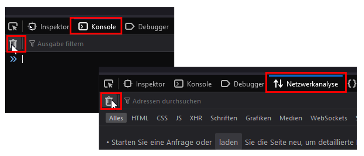 Firefox-Konsole mit dem hervorgehobenen Leeren-Symbol, daneben der Reiter Netzwerkanalyse mit ebenfalls hervorgehobenem Leeren-Symbol und dem Hinweis, eine Anfrage zu starten oder die Seite neu zu laden.