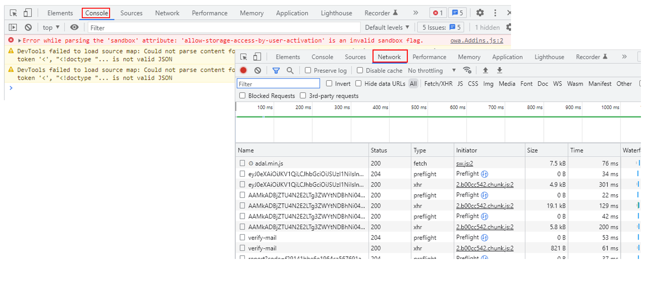 Chrome-Entwicklertools mit dem Reiter Console, in dem ein roter Parsing-Fehler sowie zwei Warnungen zu nicht ladbaren Source Maps angezeigt werden, daneben der Reiter Network mit mehreren Anfragen, unter anderem adal.min.js sowie Preflight- und XHR-Aufrufen.