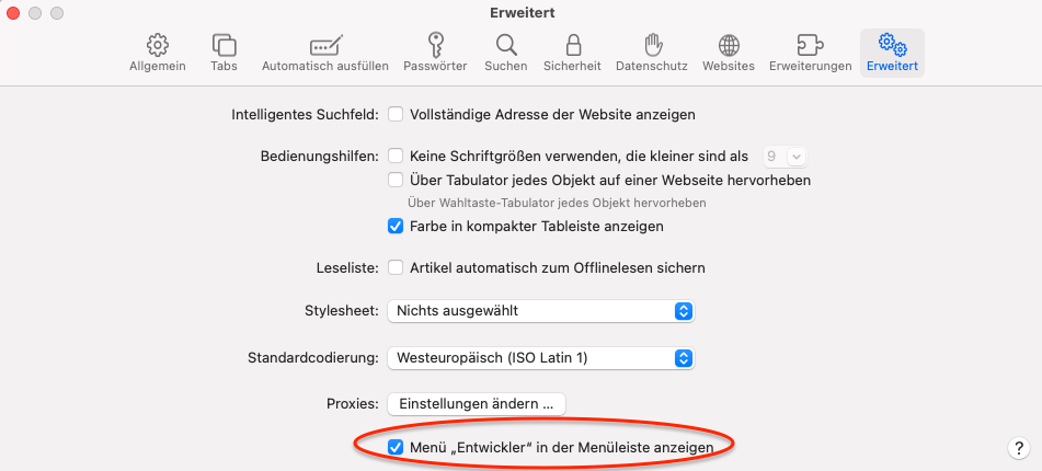 Safari-Einstellungen im Tab Erweitert mit dem rot eingekreisten Kästchen Menü Entwickler in der Menüleiste anzeigen unten, oberhalb befinden sich die Optionen für Internetzusatzprogramme und Stylesheet.