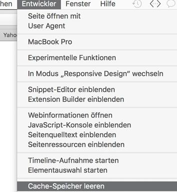 Safari-Menü Entwickler mit dem hervorgehobenen Eintrag Cache-Speicher leeren am unteren Ende der Liste.