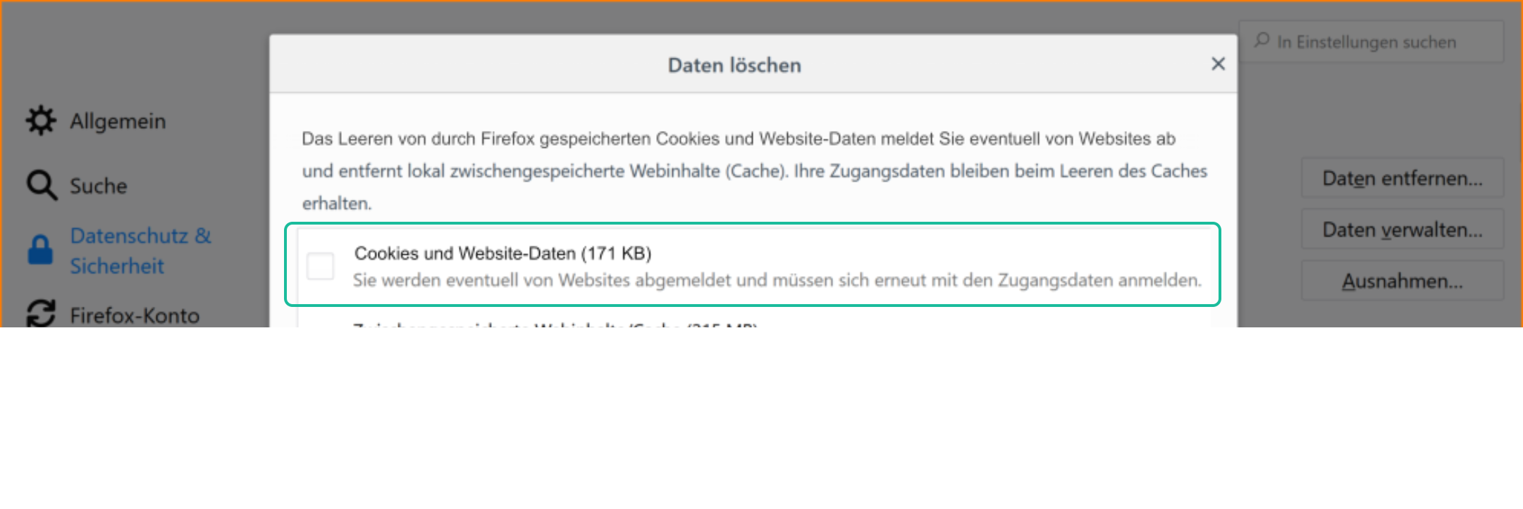 Firefox-Dialog Daten löschen mit einem grün markierten Kästchen für Cookies und Website-Daten, darunter ist der Bereich für zwischengespeicherte Webinhalte teilweise sichtbar.