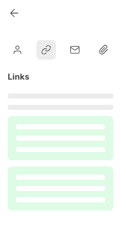 Links-Ansicht der E-Mail-Details mit Symbolen für Absender, Links, Inhalt und Anhänge am oberen Rand, darunter zwei hervorgehobene Inhaltsblöcke.