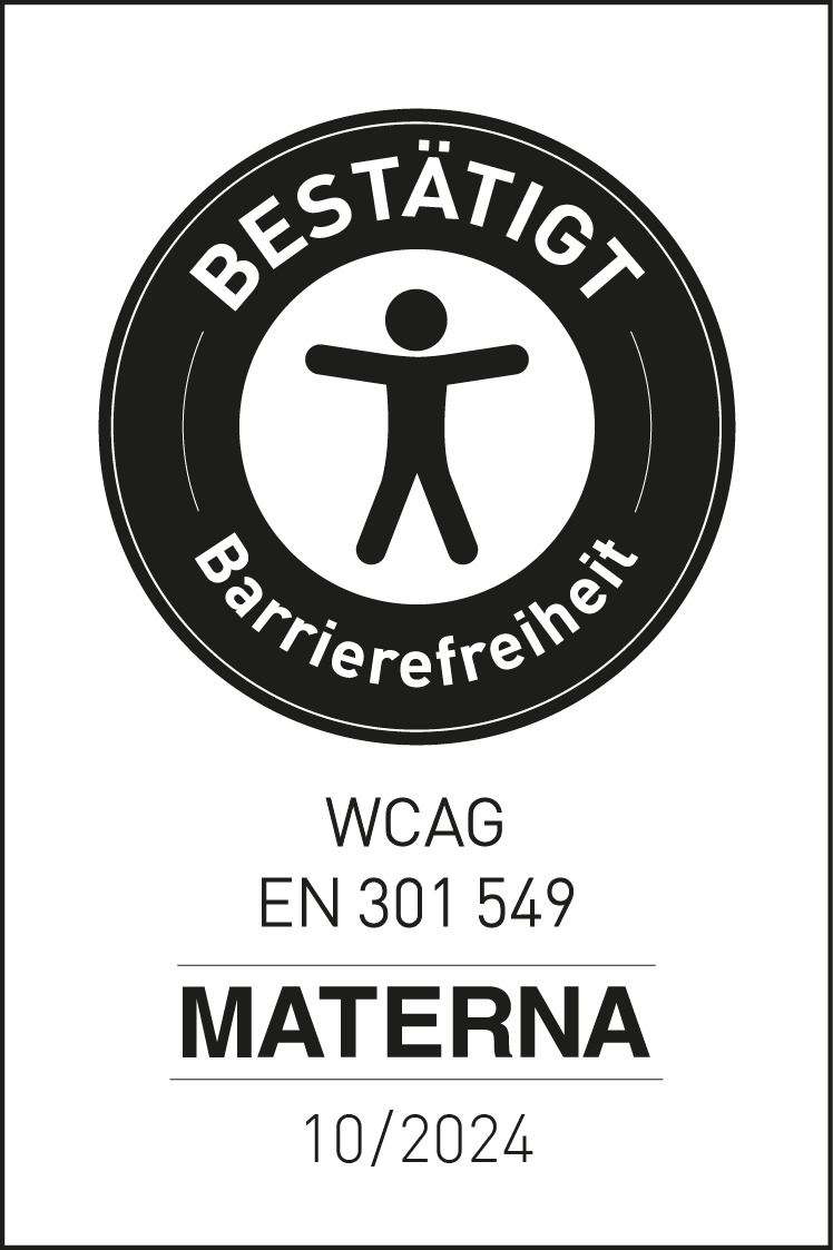 Circular Materna certification seal for accessibility, showing an accessible-icon figure and the German text Bestätigt Barrierefreiheit, meaning confirmed accessibility, with the WCAG and EN 301 549 standards and the date 10/2024 below.