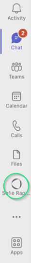 Narrow crop of the Microsoft Teams left-hand navigation bar, with the newly added Sofie Instant Alerts app icon circled in green between Files and the Apps icon.