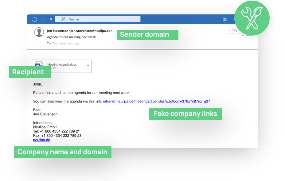 Example spear phishing email annotated with four green highlight labels: sender domain, recipient, fake company links, and the company name and domain in the signature, illustrating the customizable placeholders in a spear phishing template.