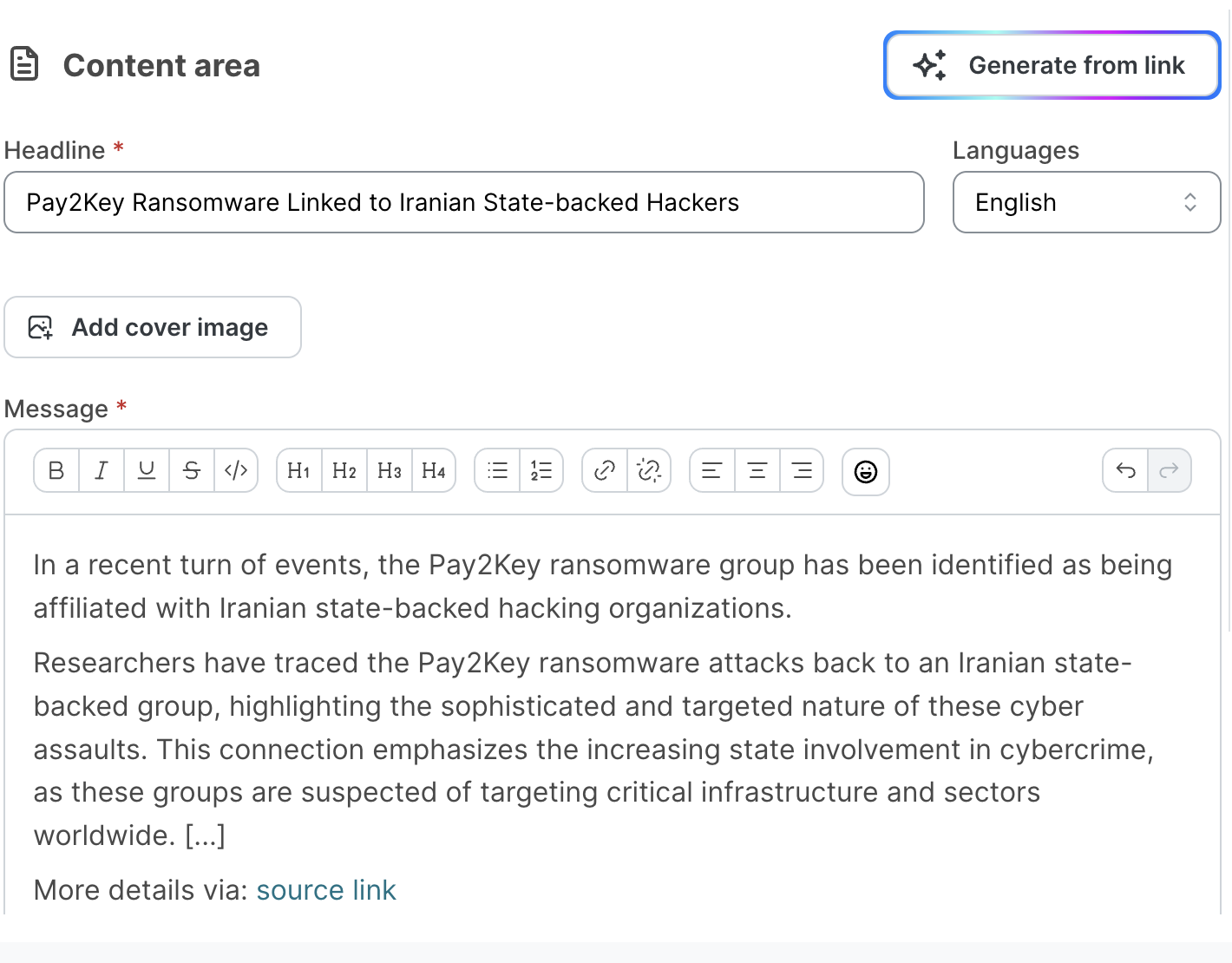 Same Generate alert from link screen after generating, with the AI-drafted headline Pay2Key Ransomware Linked to Iranian State-backed Hackers and a matching message body ready to review and edit before sending.