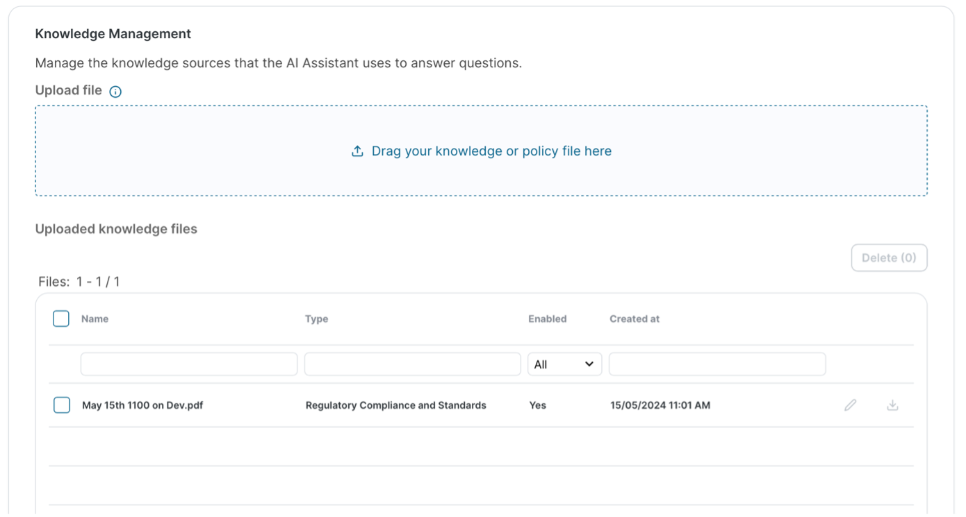Knowledge management section with a dropzone to drag in a knowledge or policy file, above a table of uploaded knowledge files with columns for Name, Type, Enabled, and Created at, and a Delete button.