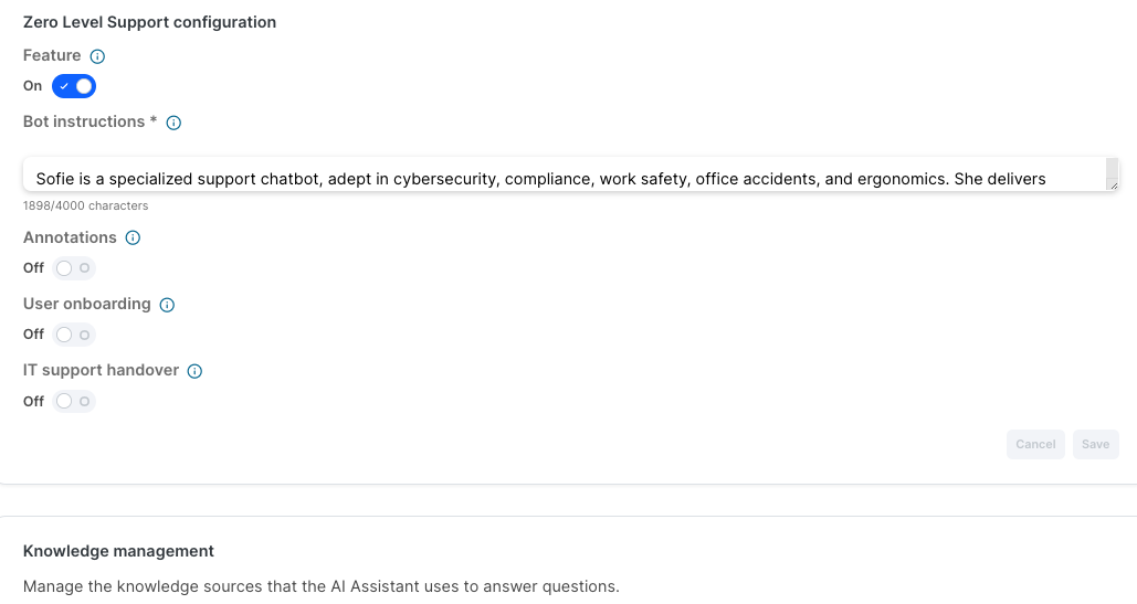 Zero Level Support configuration page with the Feature toggle switched on and a Bot instructions text field for Sofie below it. The Annotations, User onboarding, and IT support handover toggles are all off, with Save and Cancel buttons at the bottom.