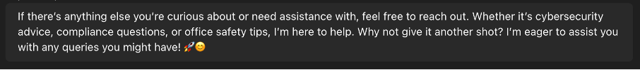 Example follow-up message Sofie sends as part of the user onboarding flow, encouraging the user to keep asking about cybersecurity advice, compliance questions, or office safety tips.