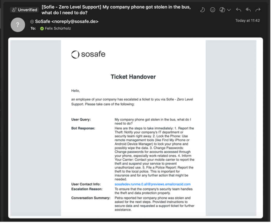 Handover email generated by Sofie Zero Level Support, titled Ticket Handover, listing the original user query about a stolen company phone, Sofie's response steps, user contact info, escalation reason, and a conversation summary for the support team.