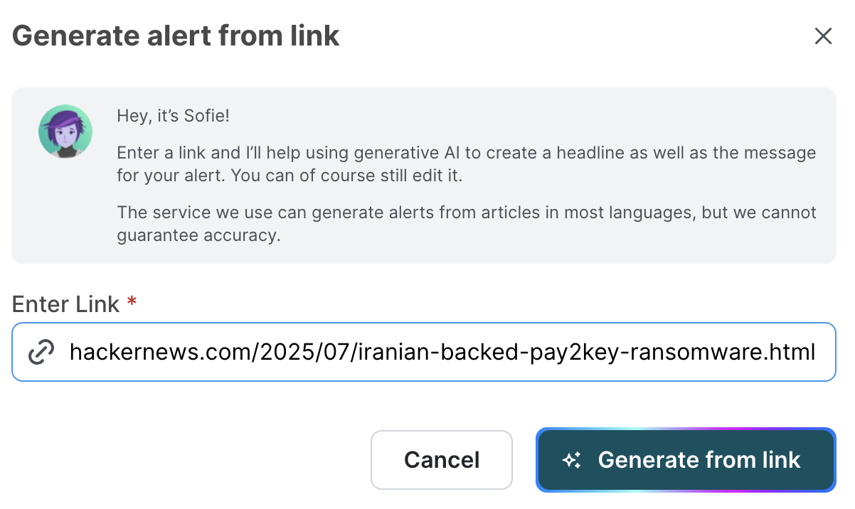 Generate alert from link dialog in Instant Alerts, with a news article URL entered in the Enter Link field and Sofie explaining that AI will draft a headline and message from it, above Cancel and Generate from link buttons.