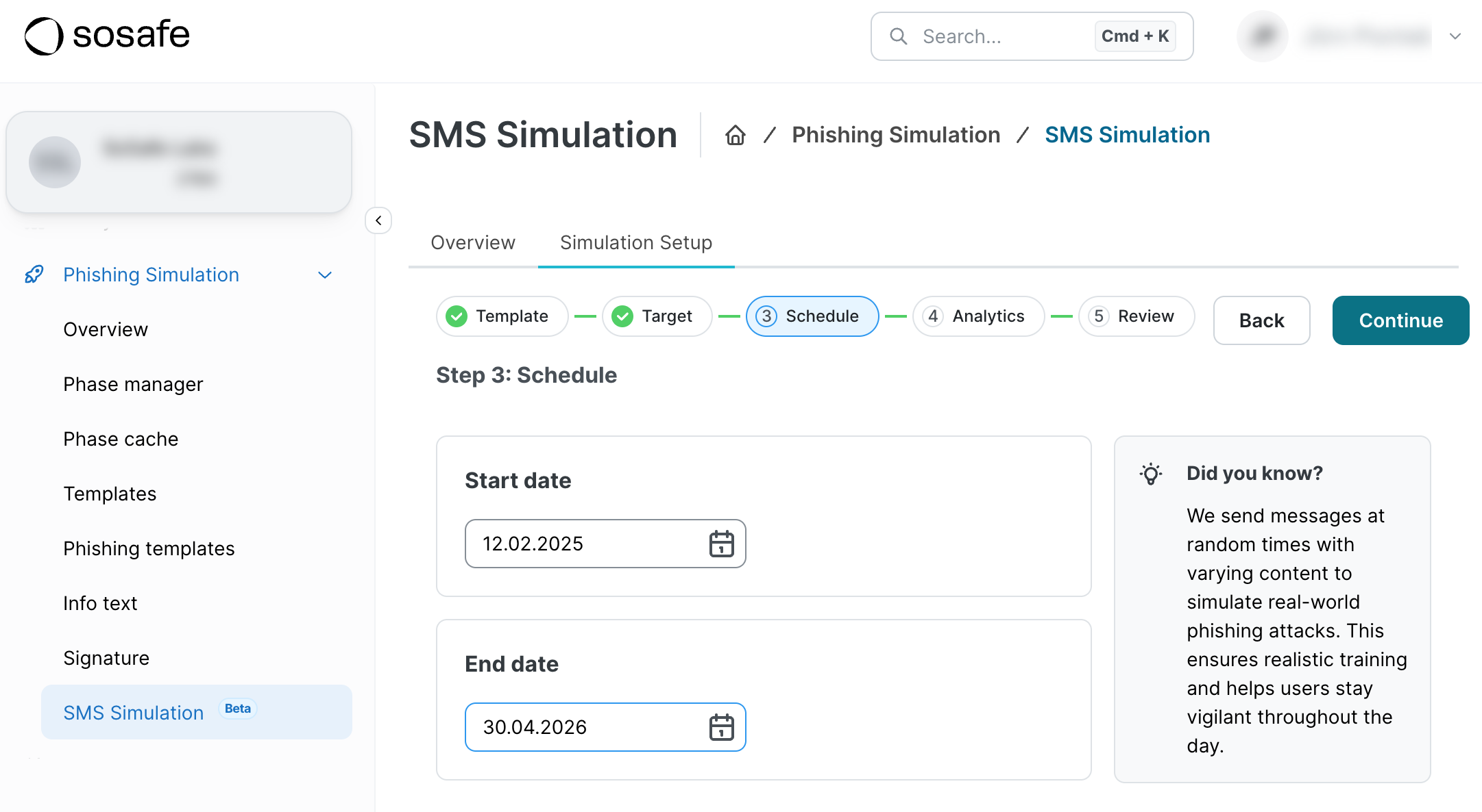 Simulation Setup Step 3, Schedule, with Start date set to 12.02.2025 and End date to 30.04.2026. A Did you know panel on the right notes that messages are sent at random times with varying content.