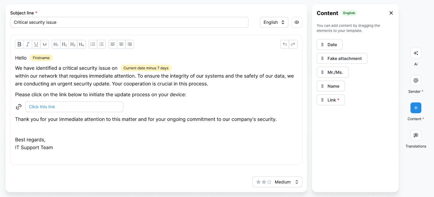 Content panel in Template Creator listing draggable elements Date, Fake attachment, Mr./Ms., Name, and Link, the last marked as required. The same generated security email is shown on the left.