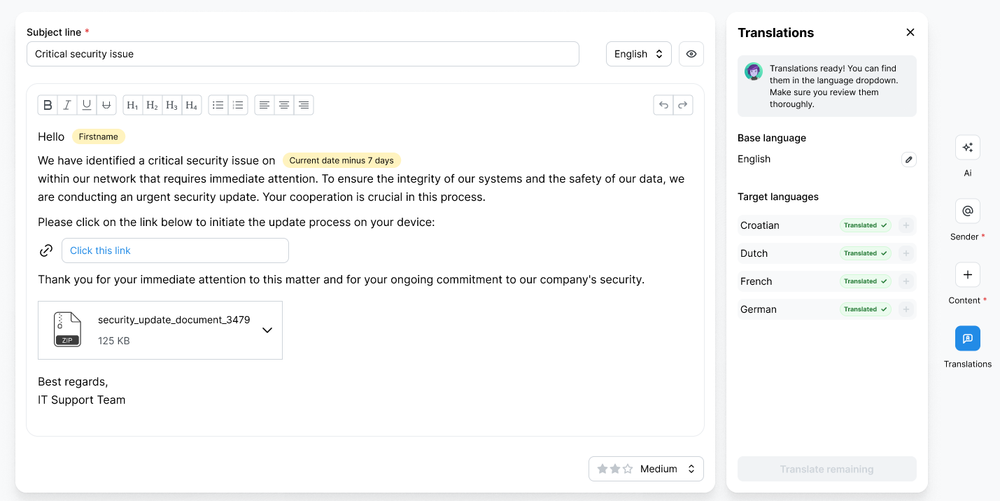 Translations panel in Template Creator confirming translations are ready, with Base language set to English and Target languages Croatian, Dutch, French, and German all marked Translated.