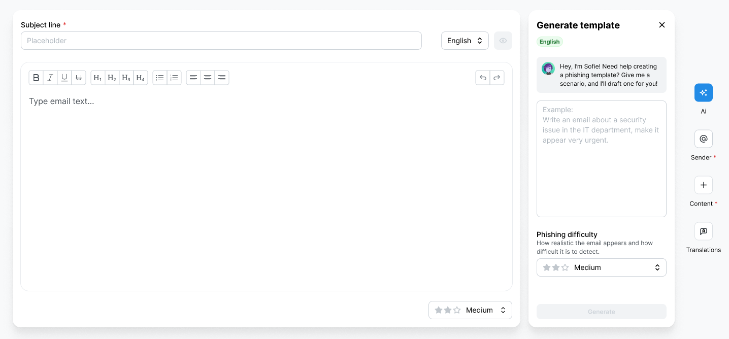 Template Creator in Template Studio with an empty Subject line field and language dropdown set to English. The Generate template panel on the right shows the Sofie AI prompt box and a Phishing difficulty selector set to Medium.