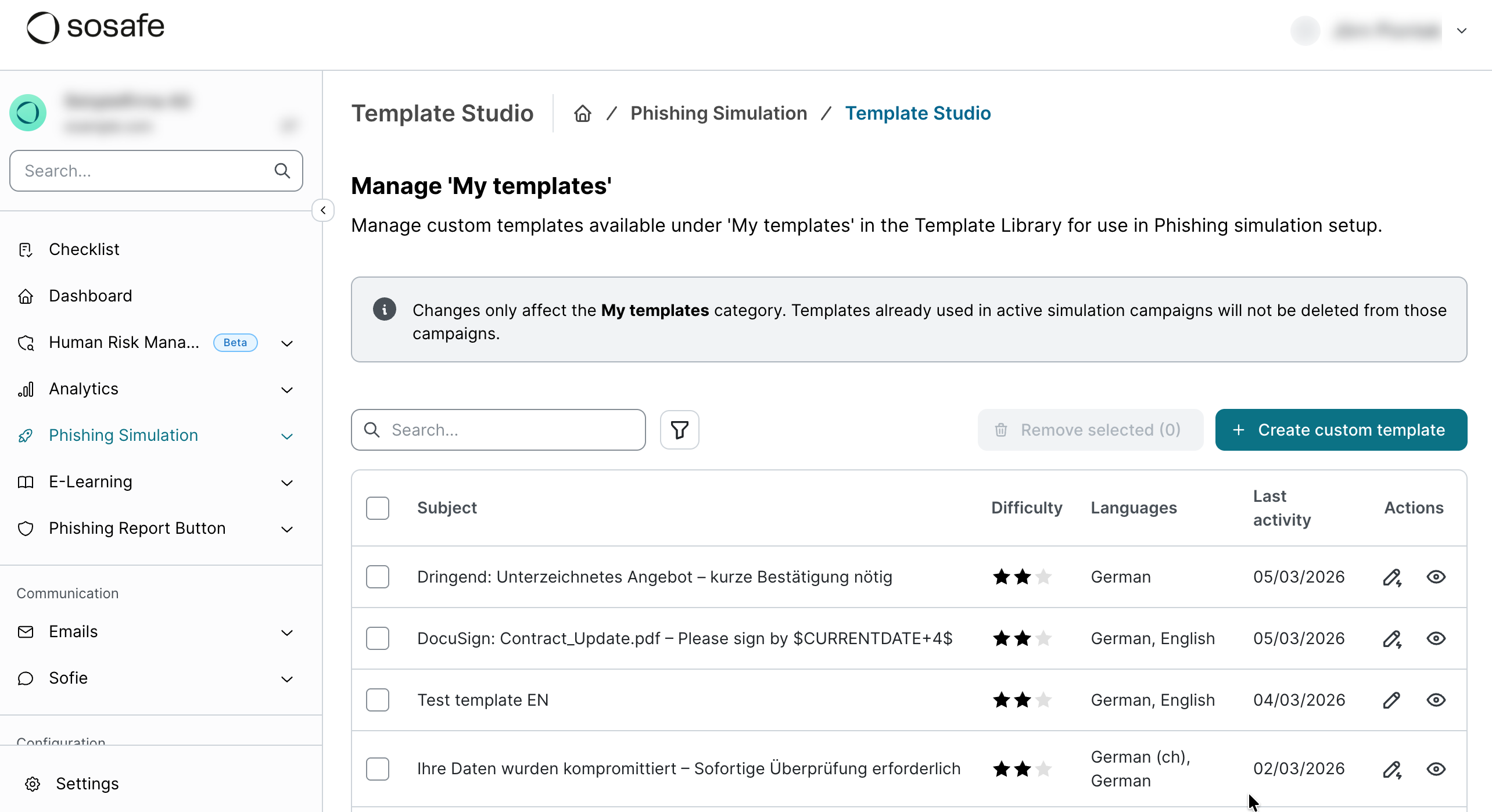 Template Studio overview in SoSafe Manager, on the Manage My templates page reached via Phishing Simulation. The template list shows columns for Subject, Difficulty, Languages, and Last activity, with a search box and Create custom template button above it.