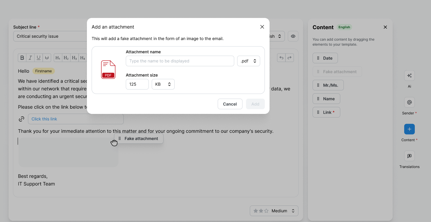 Add an attachment dialog opened by dragging the Fake attachment element into the email, with fields for Attachment name, a pdf file type selector, and Attachment size in KB, plus Cancel and Add buttons.