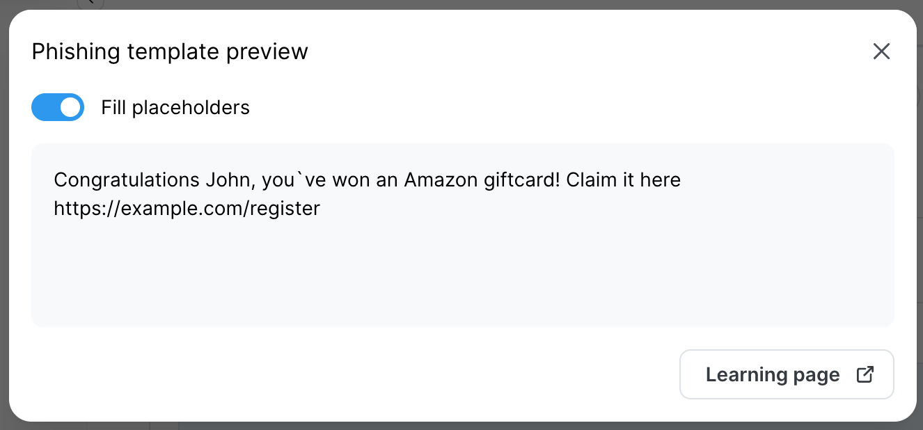 Phishing template preview dialog with Fill placeholders enabled, showing an example smishing message about winning an Amazon gift card with a link to claim it, and a Learning page button below.