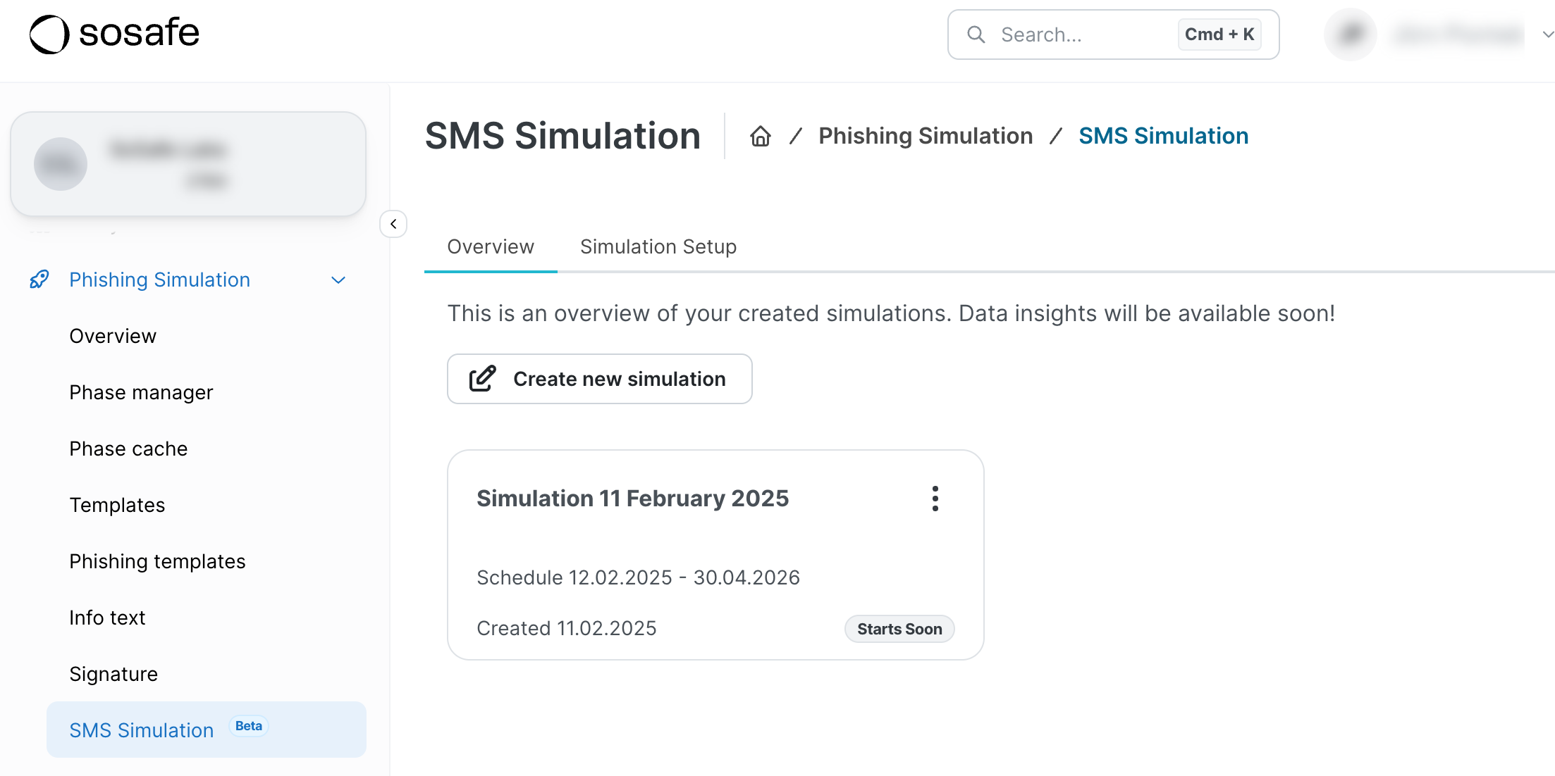 The same Overview tab now showing an existing entry, Simulation 11 February 2025, scheduled from 12.02.2025 to 30.04.2026 and marked Starts Soon, with a Create new simulation button above it.