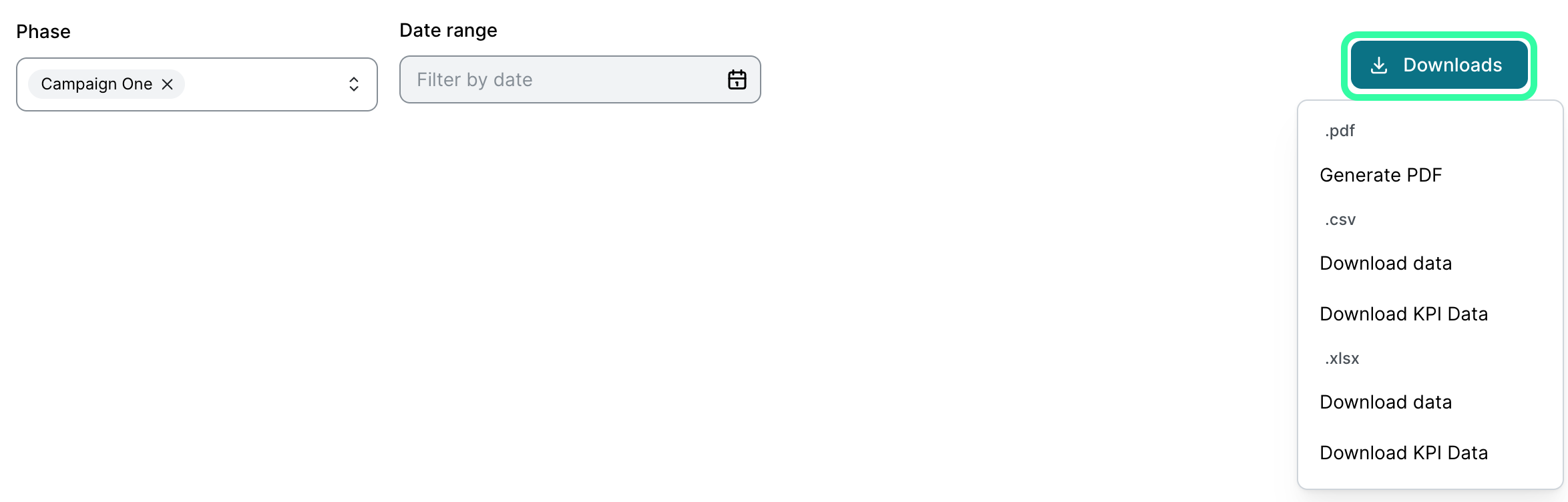 Analytics page with Phase set to Campaign One and a Date range filter, and the Downloads button highlighted in the top right. Its open menu lists Generate PDF, and Download data or Download KPI Data in both csv and xlsx formats.