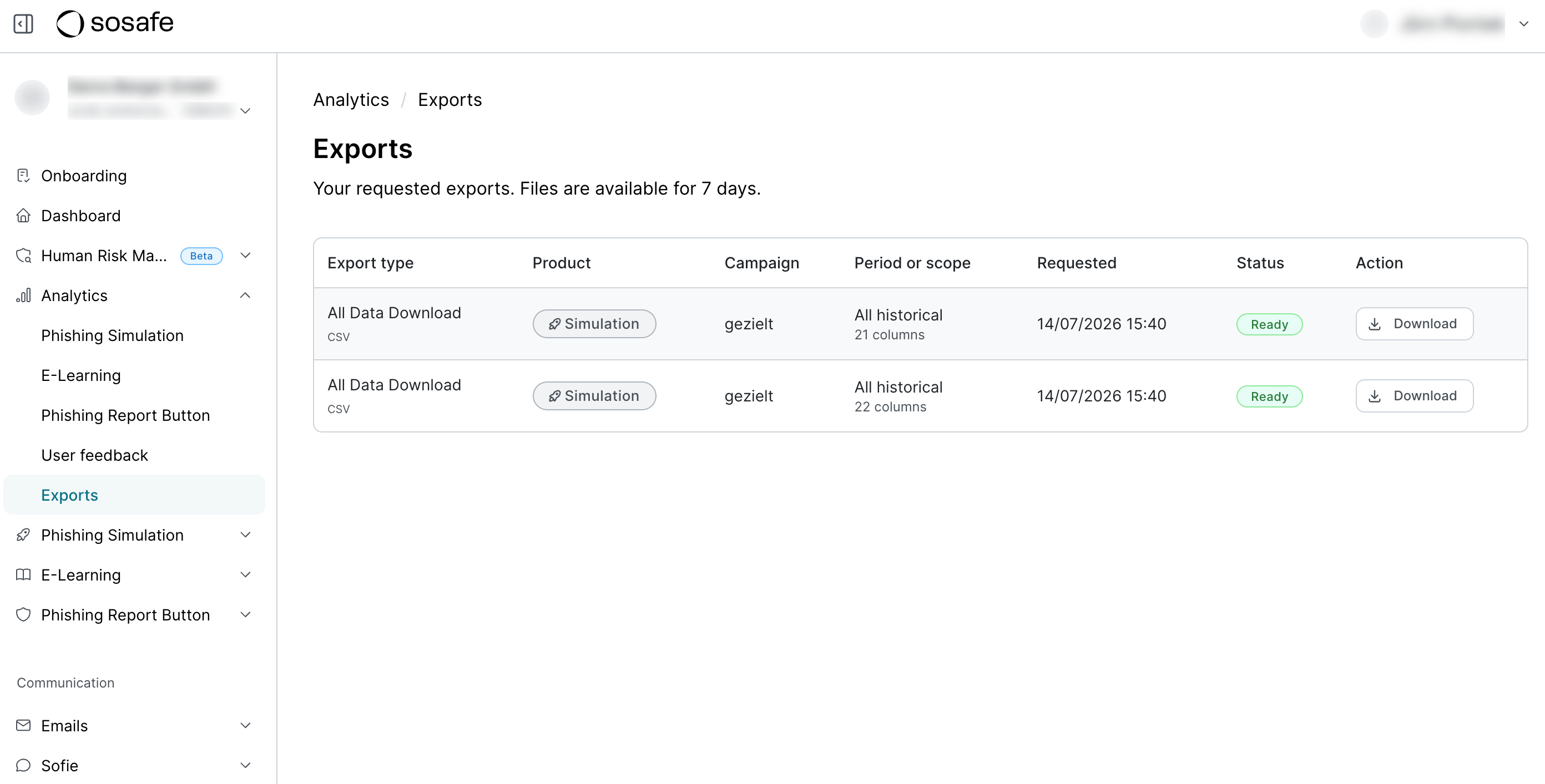 Analytics Exports page listing requested downloads, with two All Data Download CSV entries for the Simulation product both marked Ready with a Download button, covering 21 and 22 column scopes over all historical data.