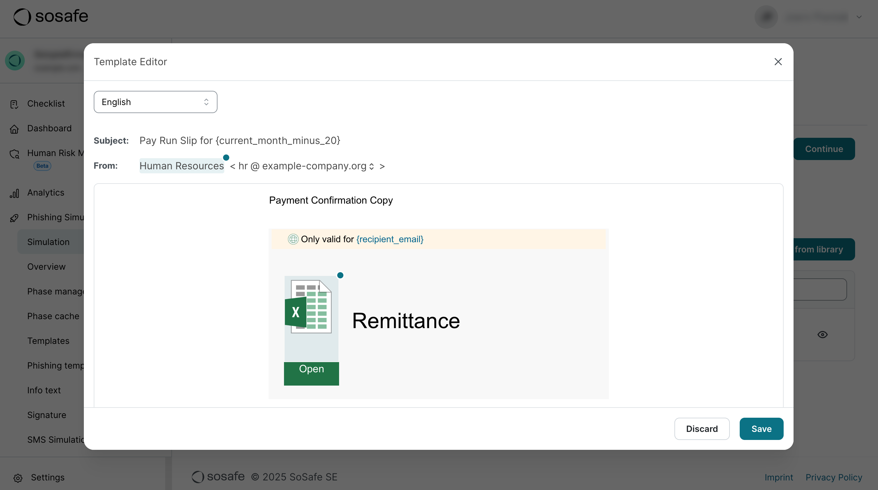 Template Editor dialog with the Subject field reading Pay Run Slip for current_month_minus_20 and the From name set to Human Resources, above an email preview showing a Payment Confirmation Copy notice and a Remittance attachment.