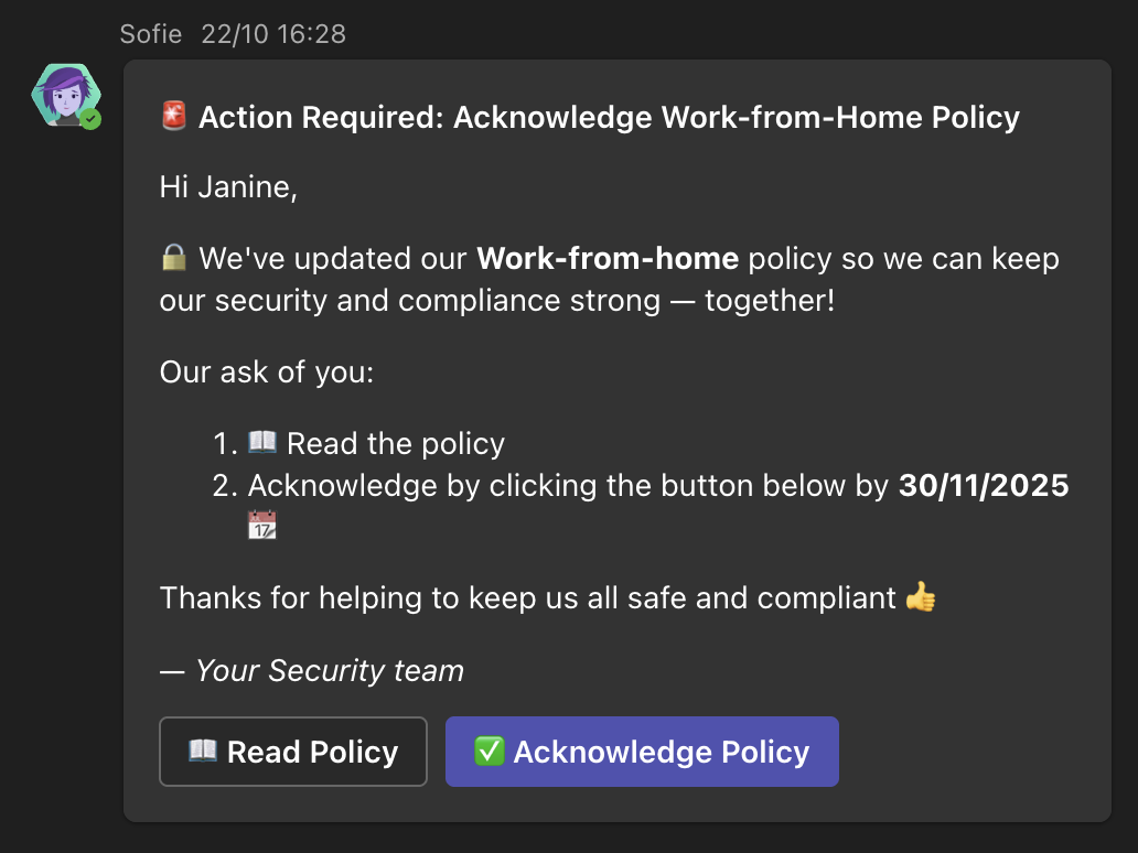 Slack message from Sofie showing the Action required headline, a greeting to the employee, numbered instructions to read and acknowledge the policy by a deadline, and Read Policy and Acknowledge Policy buttons at the bottom.