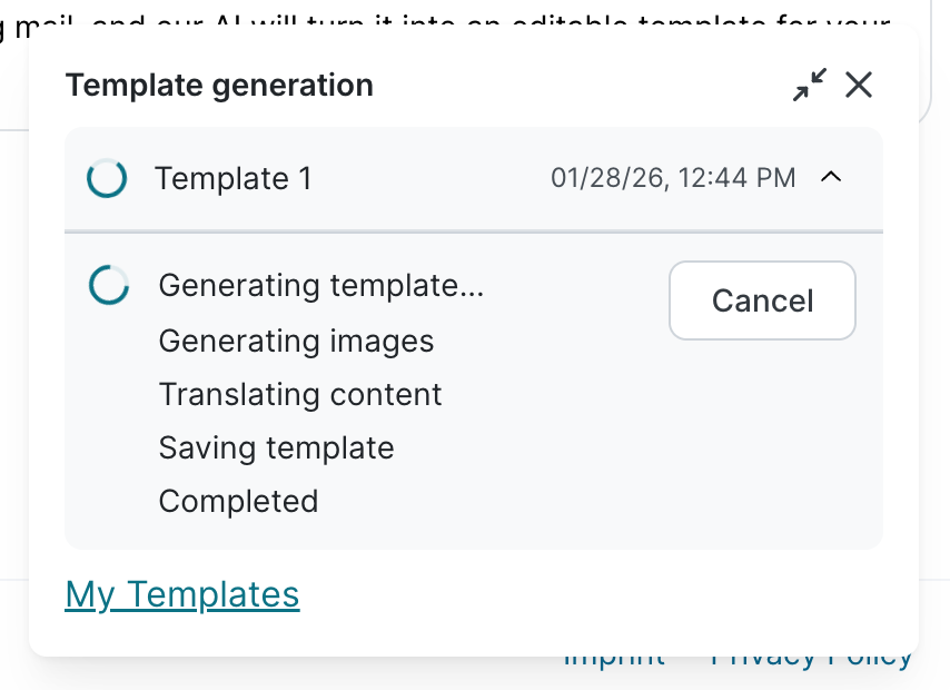 Template generation progress panel for Template 1, showing the Generating template step in progress with Generating images, Translating content, Saving template, and Completed steps still pending, alongside a Cancel button.