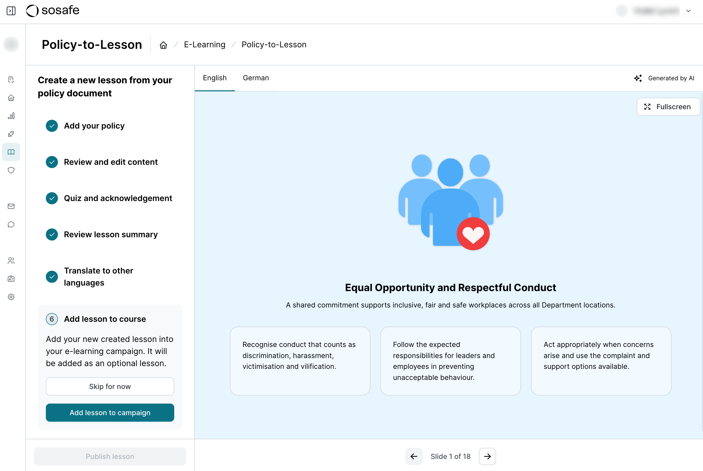 Policy-to-Lesson wizard on the final step, Add lesson to course, with completed checkmarks for all previous steps and Skip for now and Add lesson to campaign buttons.