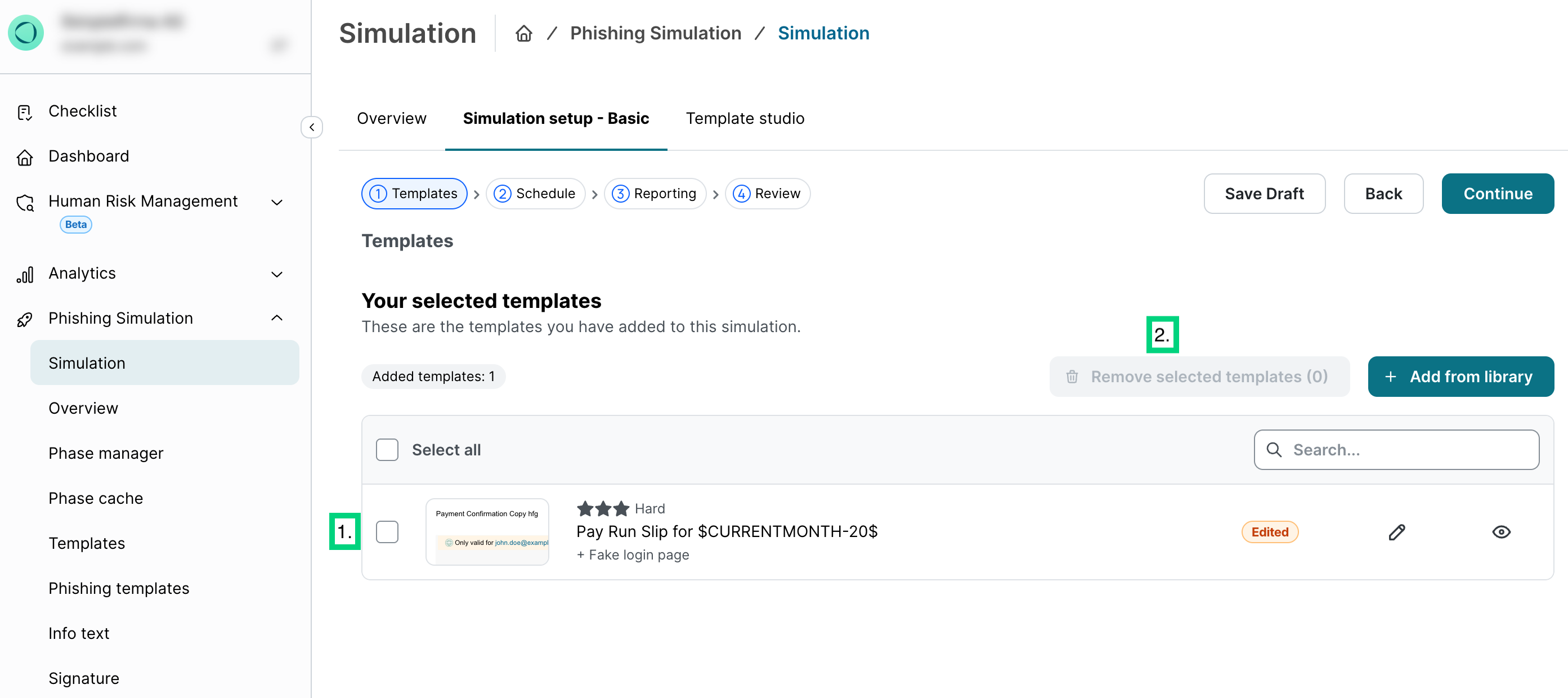 The same Templates list with the template's checkbox marked as step 1 and the Remove selected templates button marked as step 2, for restoring the original template.