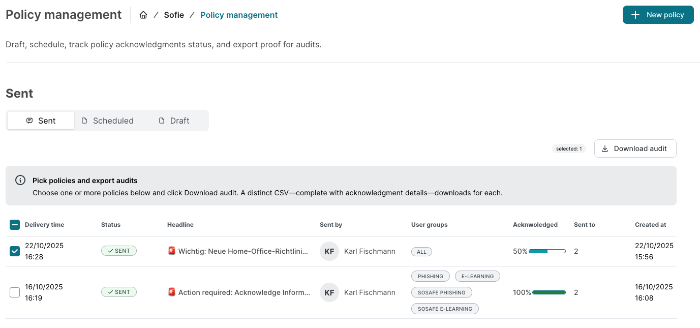 Sofie Policy management dashboard on the Sent tab, listing sent policies in a table with columns for delivery time, status, headline, sent by, user groups, acknowledgement percentage, and created date, with a Download audit button above the list.