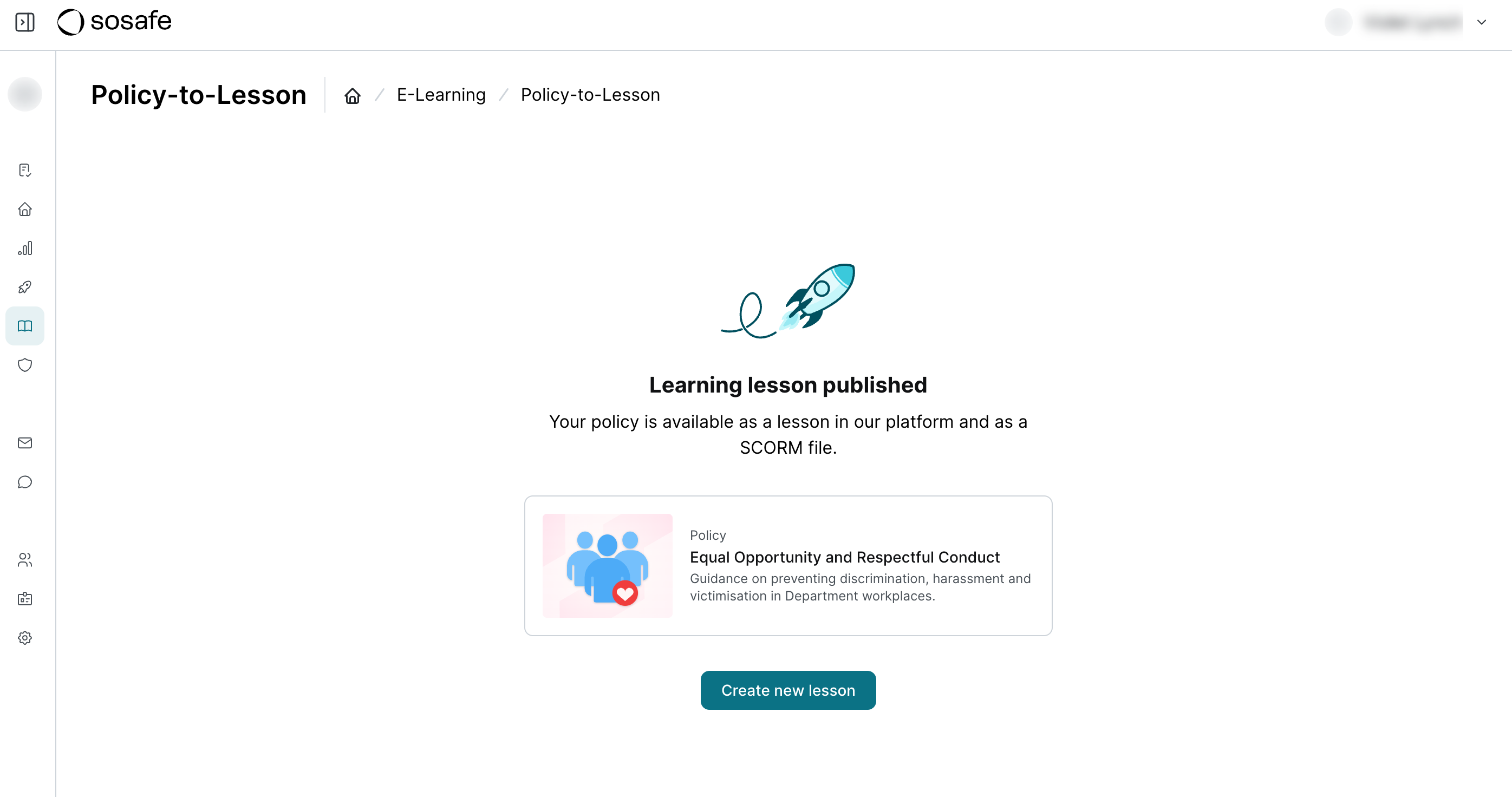 Policy-to-Lesson published confirmation screen with a rocket illustration and the message that the policy is available as a lesson and as a SCORM file, showing the finished lesson card and a Create new lesson button.