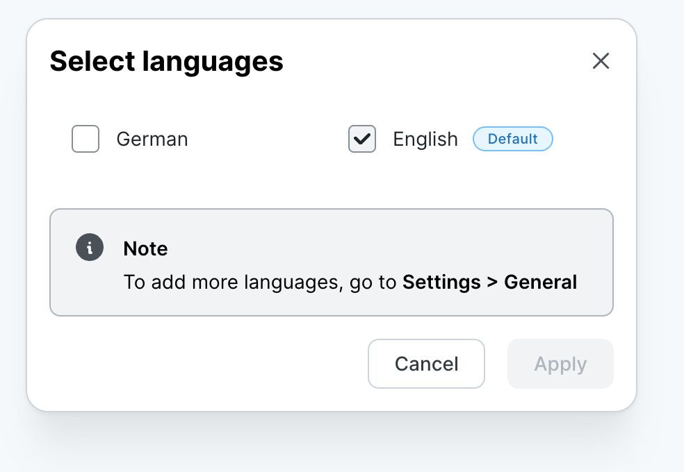 Select languages dialog for Policy-to-Lesson translations, with English checked as Default and German unchecked, plus a note that more languages can be added under Settings then General.