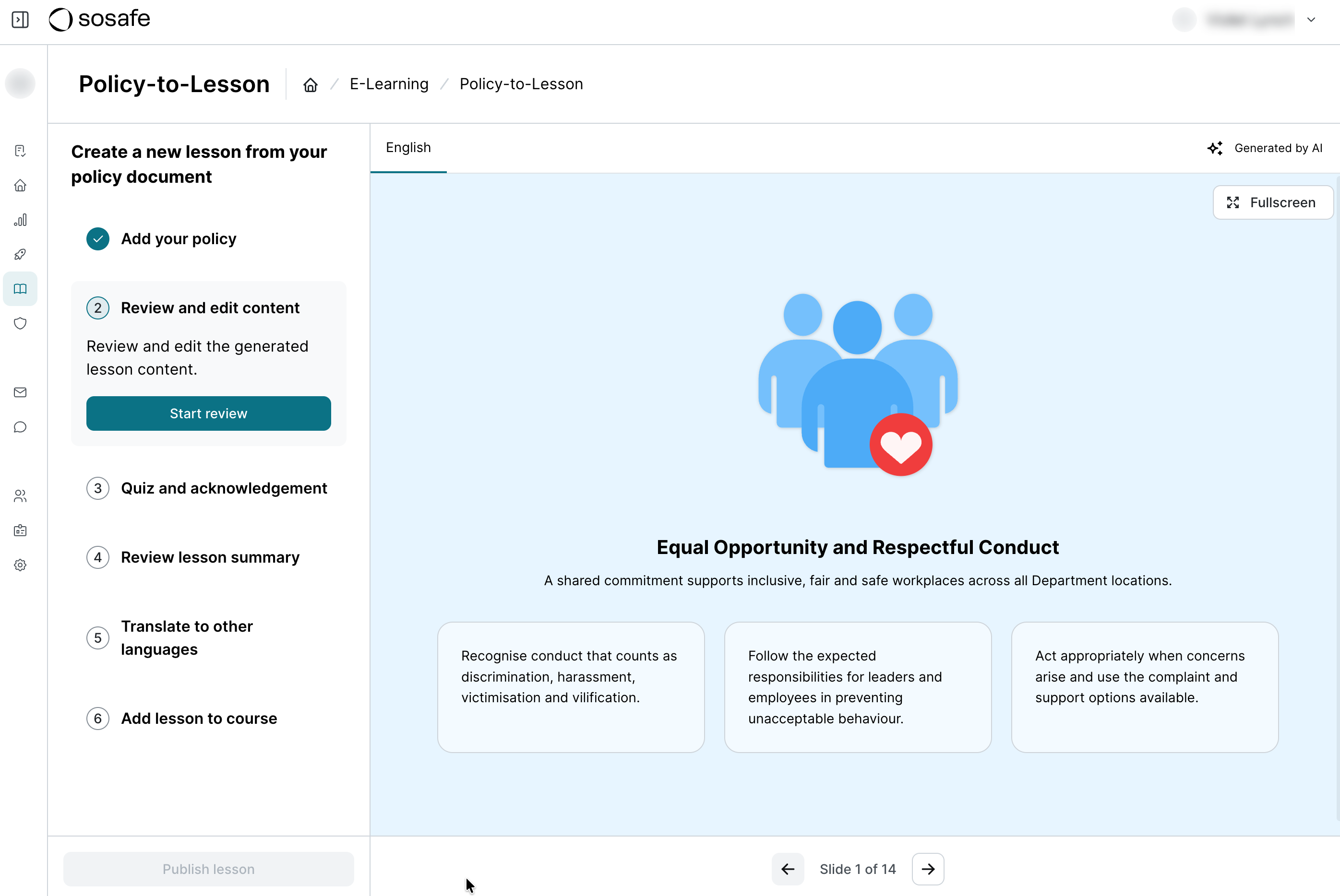 Policy-to-Lesson lesson preview after processing, marked Generated by AI, showing the first slide with its title, description, and three summary cards, plus navigation arrows and a Start review button to begin editing.
