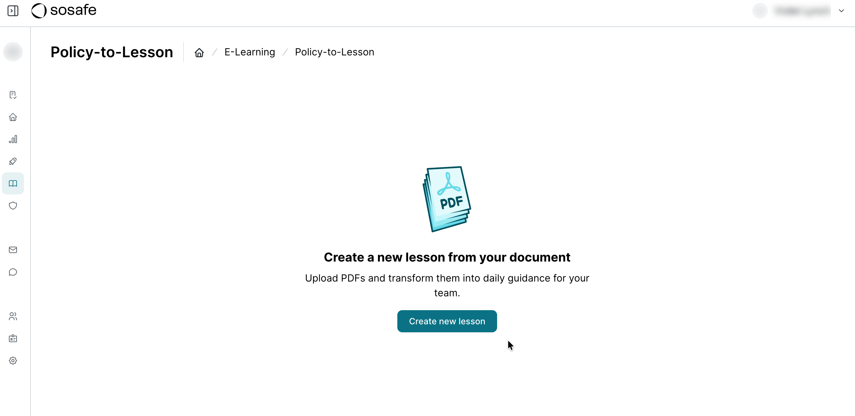 Policy-to-Lesson landing page in the SoSafe Manager, showing the Create new lesson button below the prompt to upload a PDF and turn it into e-learning content.