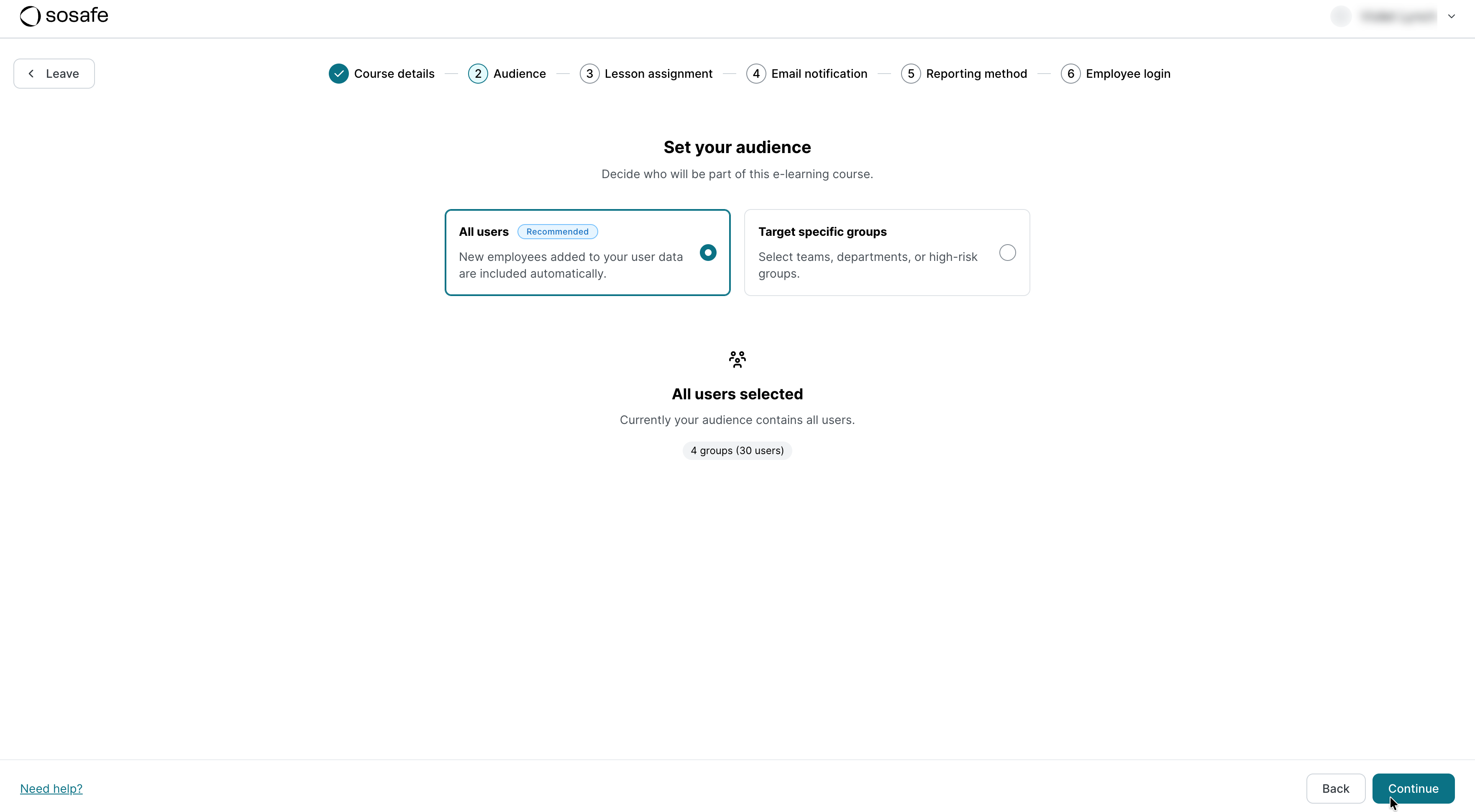 E-Learning course setup step 2, Set your audience, with All users selected as the recommended option alongside Target specific groups. The summary below confirms all users are included, totaling 4 groups and 30 users.