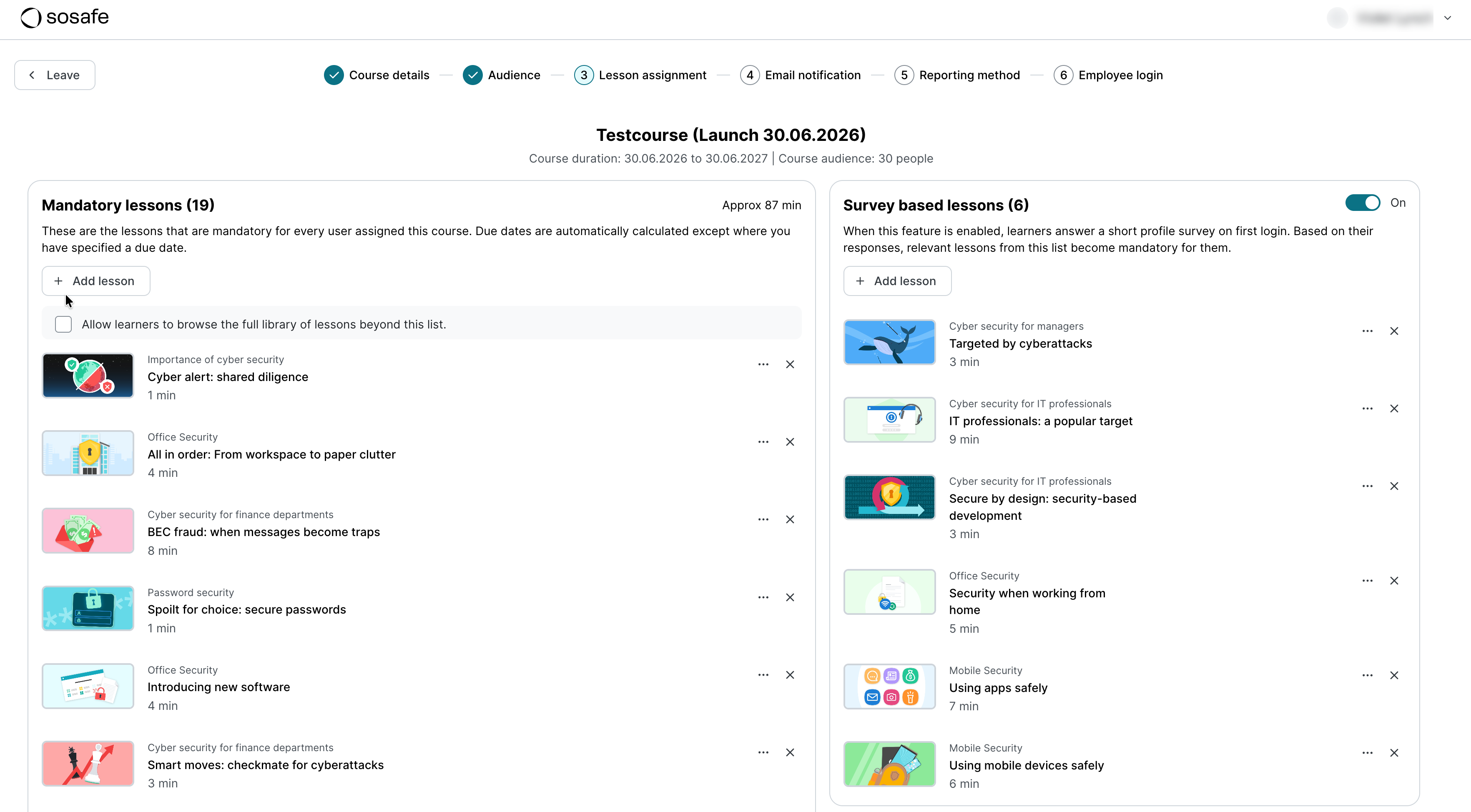 E-Learning course setup step 3, Lesson assignment. The left panel lists 19 mandatory lessons including Cyber alert shared diligence, and the right panel lists 6 survey based lessons with the toggle on, including Targeted by cyberattacks and Using apps safely.