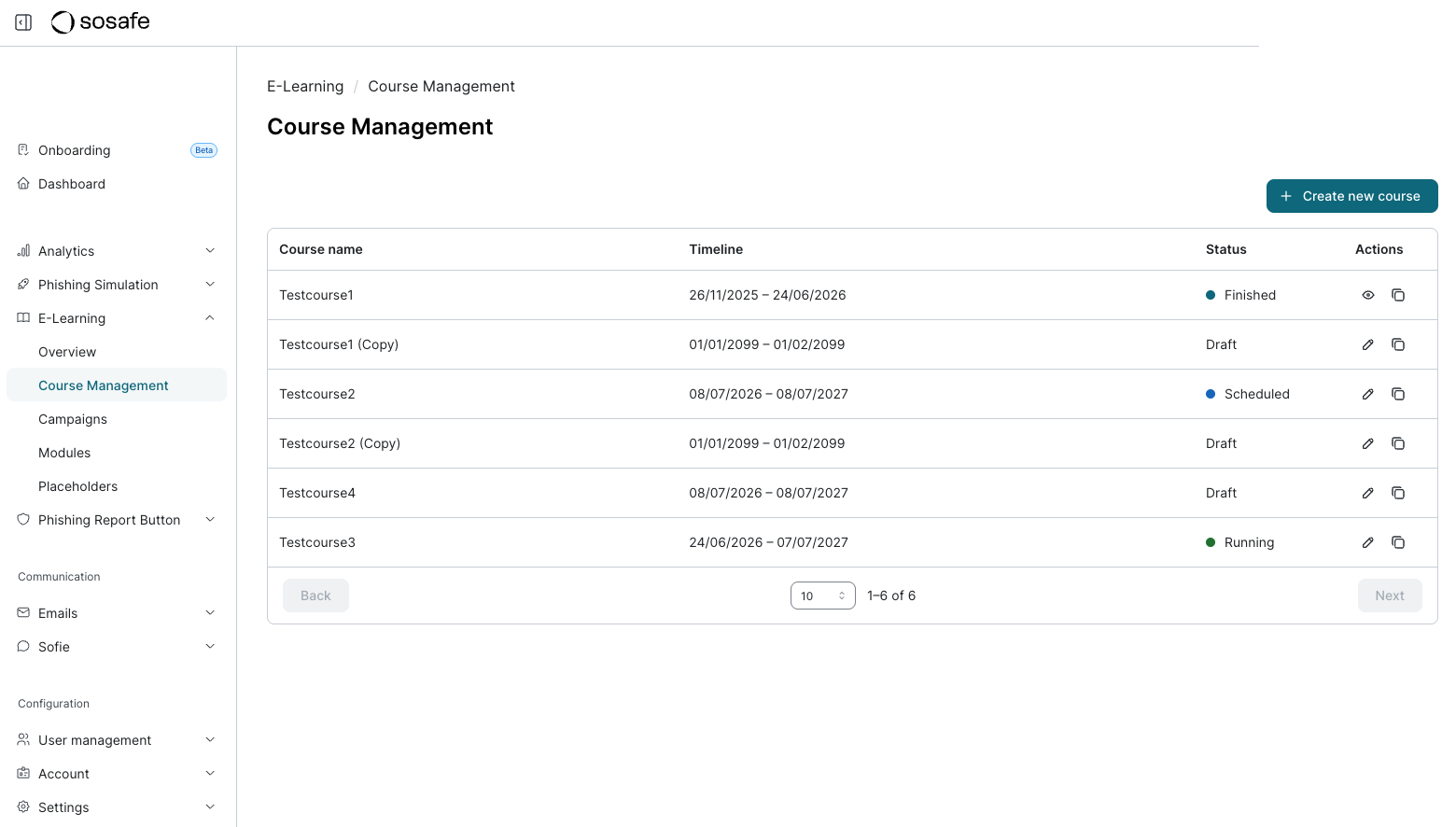 SoSafe Manager Course Management overview listing created courses with Course name, Timeline, Status, and Actions columns. Statuses shown include Finished, Draft, Scheduled, and Running, with a Create new course button in the top right.