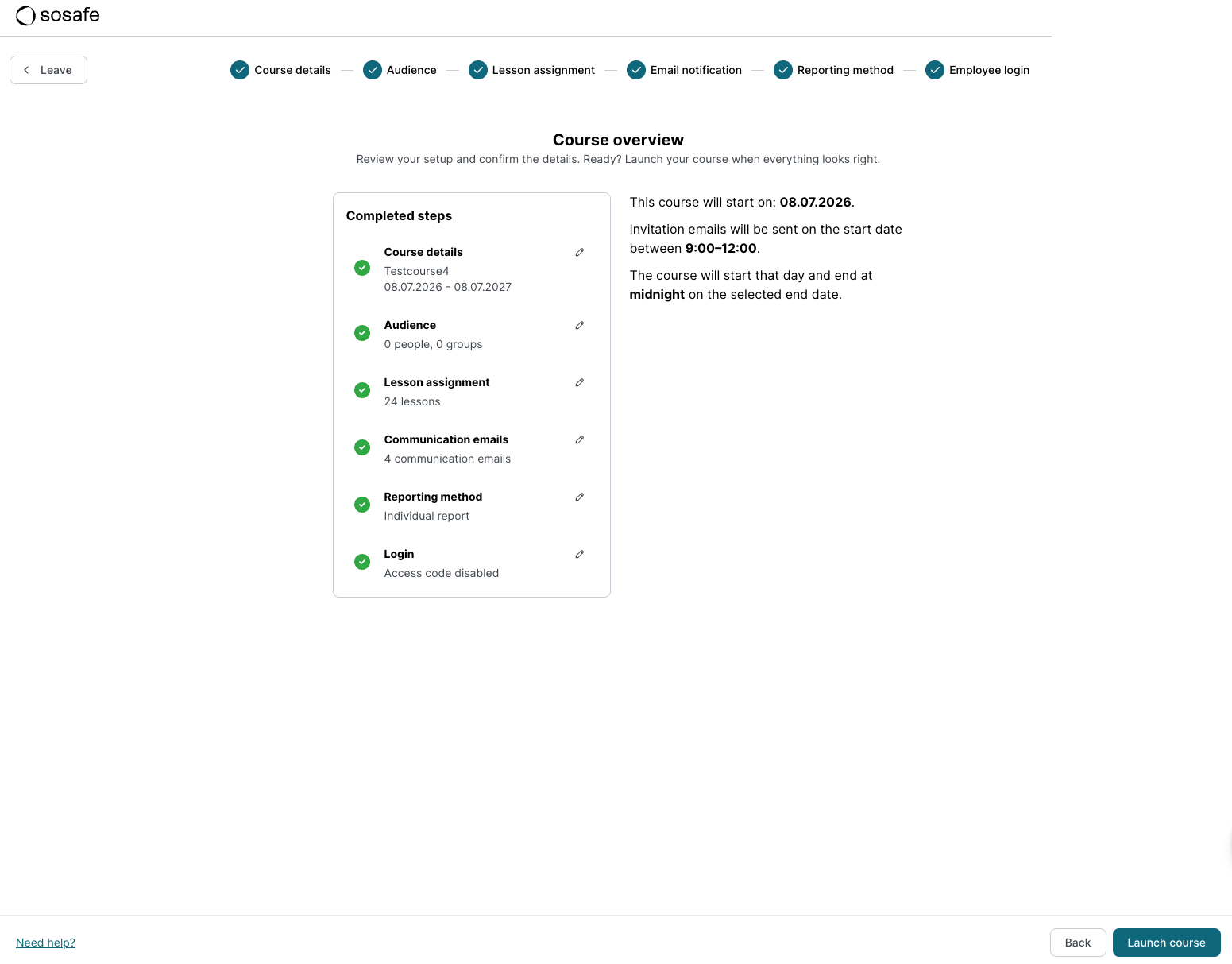 Course overview screen for the edited Draft course, listing completed steps for course details, audience, lesson assignment, communication emails, reporting method, and login, with a Launch course button to activate it.