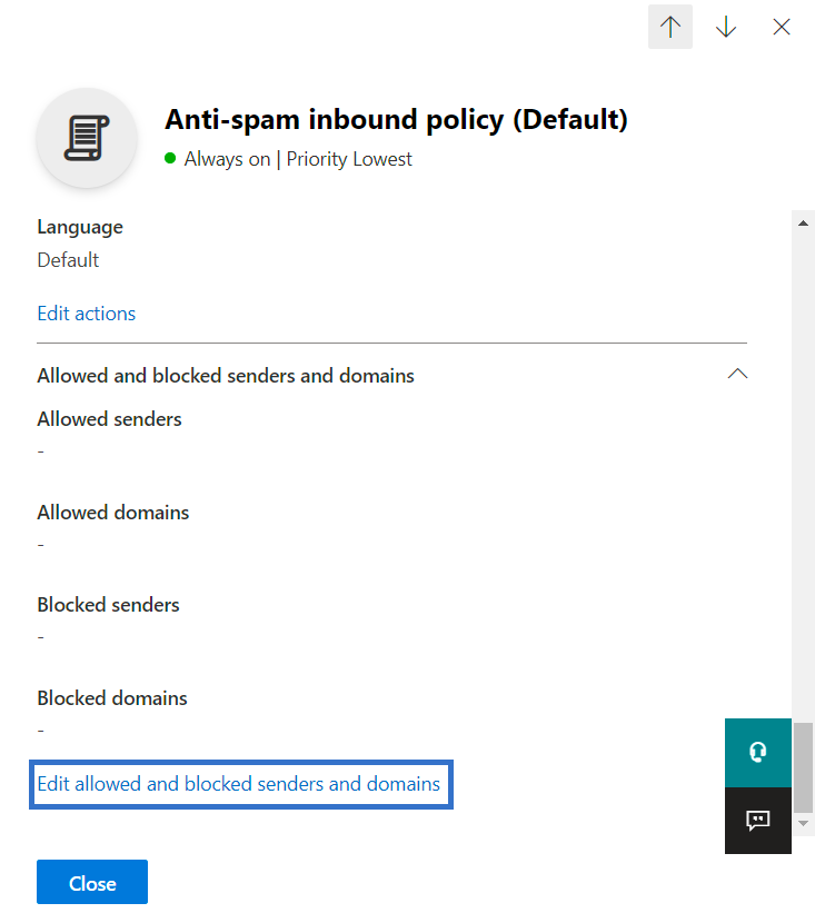 Microsoft Defender Anti-spam inbound policy (Default) dialog, with Edit allowed and blocked senders and domains marked near the bottom, below the empty Allowed senders, Allowed domains, Blocked senders, and Blocked domains sections.